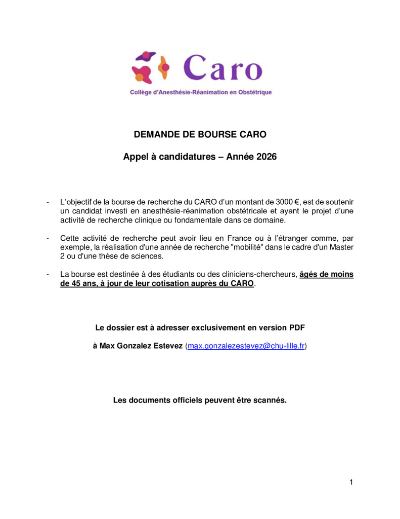 Demande de bourse de recherche CARO 2026