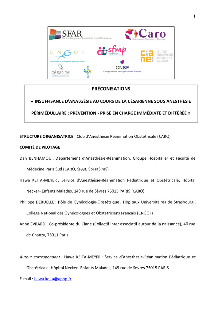 Préconisations Insuffisance d’analgésie lors de la césarienne sous anesthésie périmédullaire – CARO/SFAR, 2021