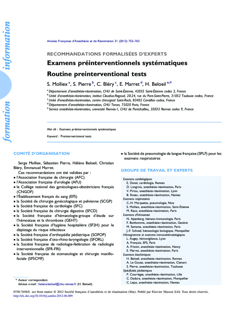 RFE Examens pré-interventionnels systématiques – SFAR, 2012