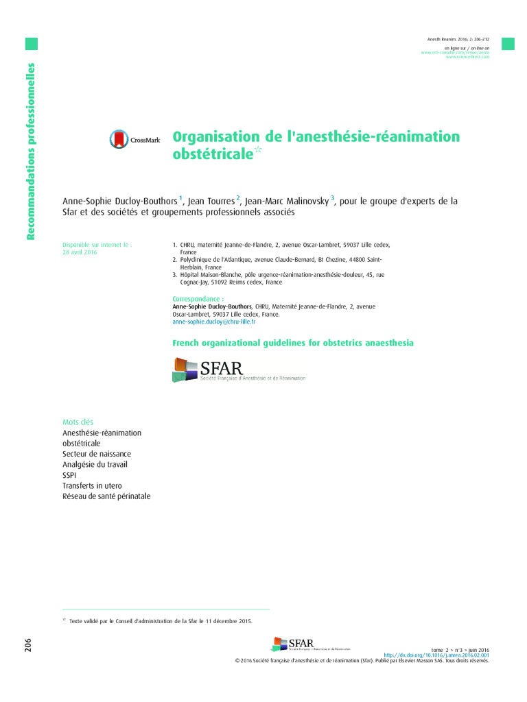 RP Organisation de l’anesthésie-réanimation obstétricale – SFAR/CARO/CNGOF/CNSF, 2016