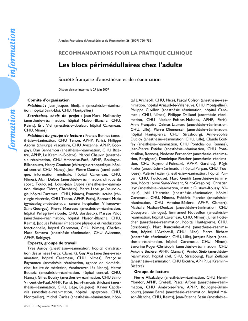 RFE Blocs périmédullaires chez l’adulte – SFAR, 2006