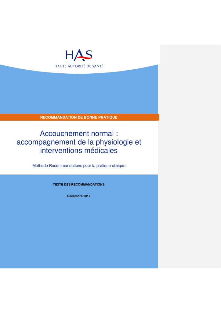 RBP Accouchement normal – CNGOF/HAS, 2017