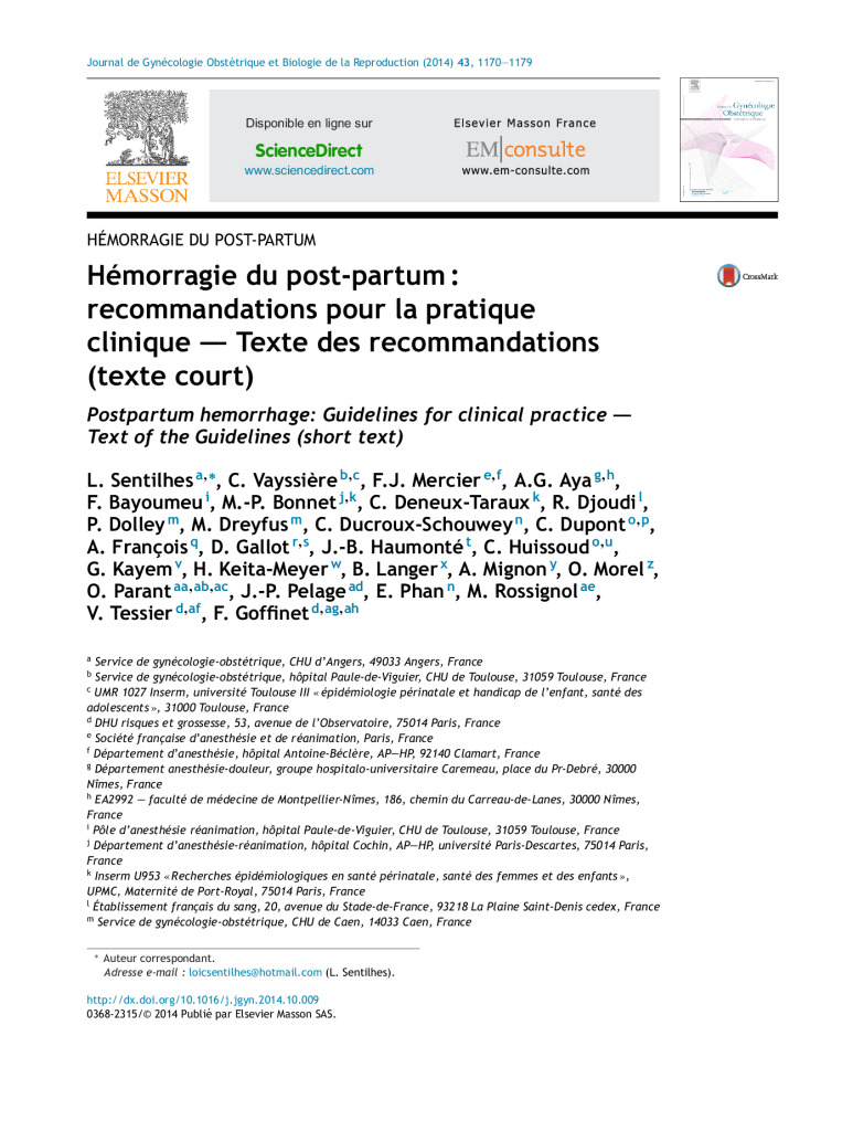 RPC Hémorragie du post-partum – CNGOF/SFAR/HAS, 2014