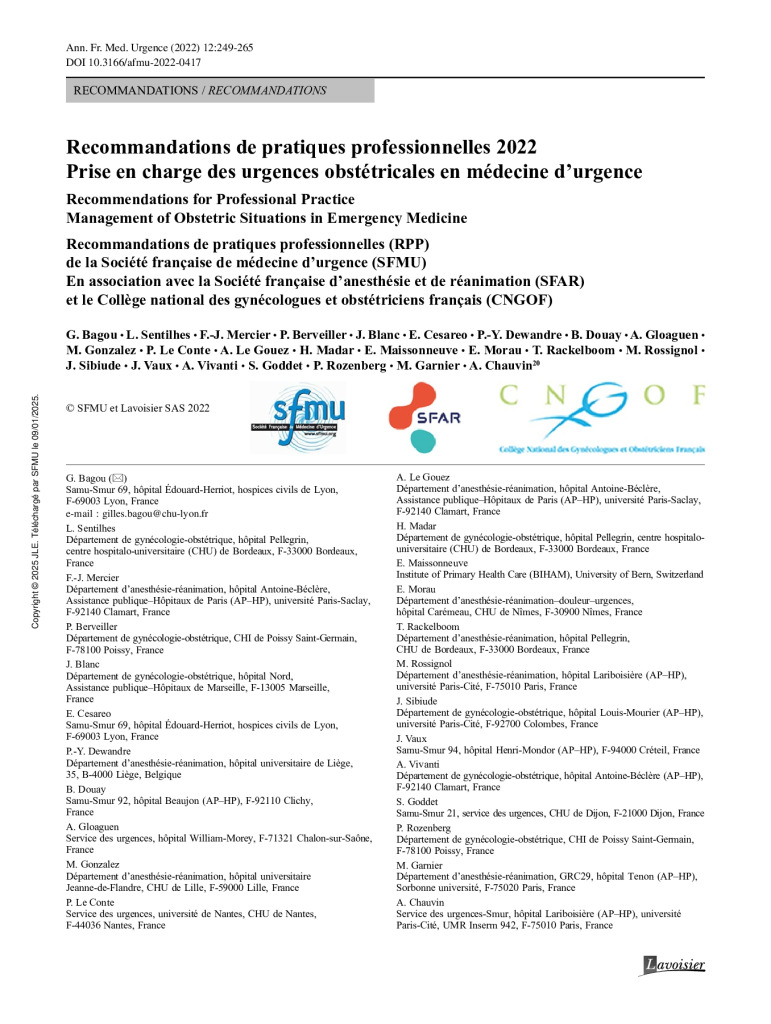 RPP Urgences obstétricales en médecine d’urgence – SFMU/SFAR/CNGOF, 2022
