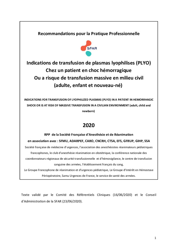 RPP Plasmas lyophilisés – SFAR, 2020