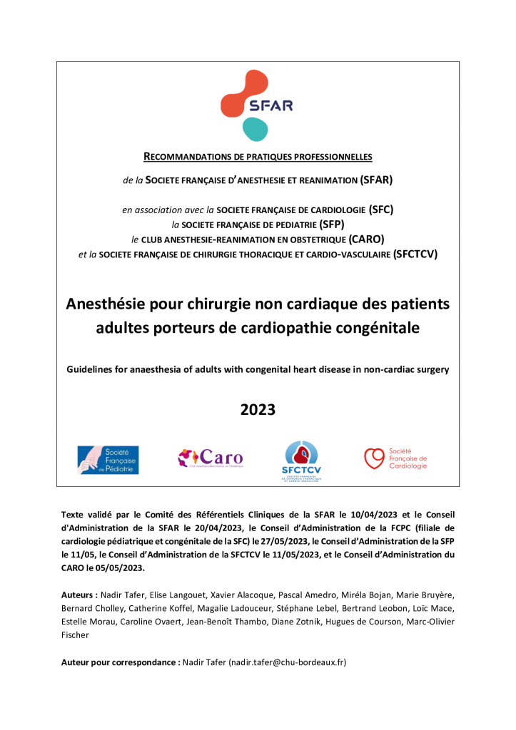RPP Anesthésie pour chirurgie non cardiaque des patients adultes porteurs de cardiopathie congénitale – SFAR/SFP/CARO/SFCTCV/SFC 2023